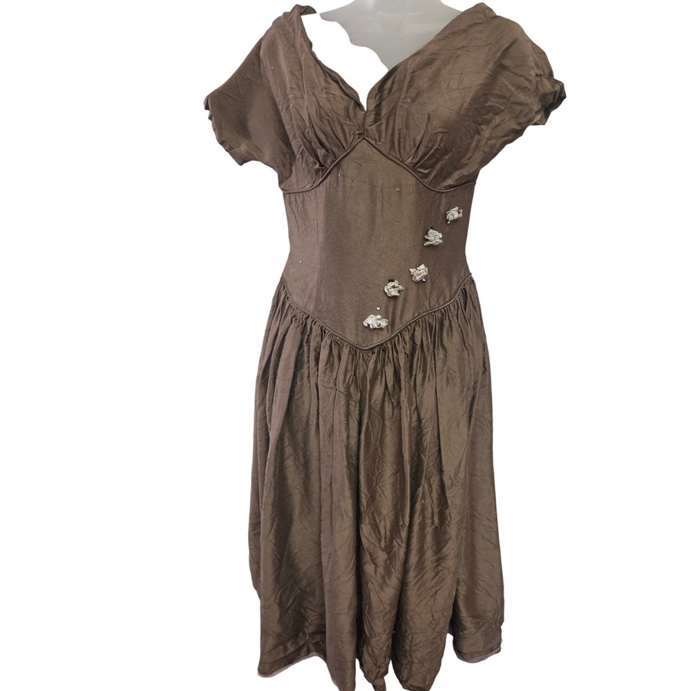 Vintage‎ 1950s Brown Taffeta Dress Floral Appliqué V Neck Fit & Flare Short